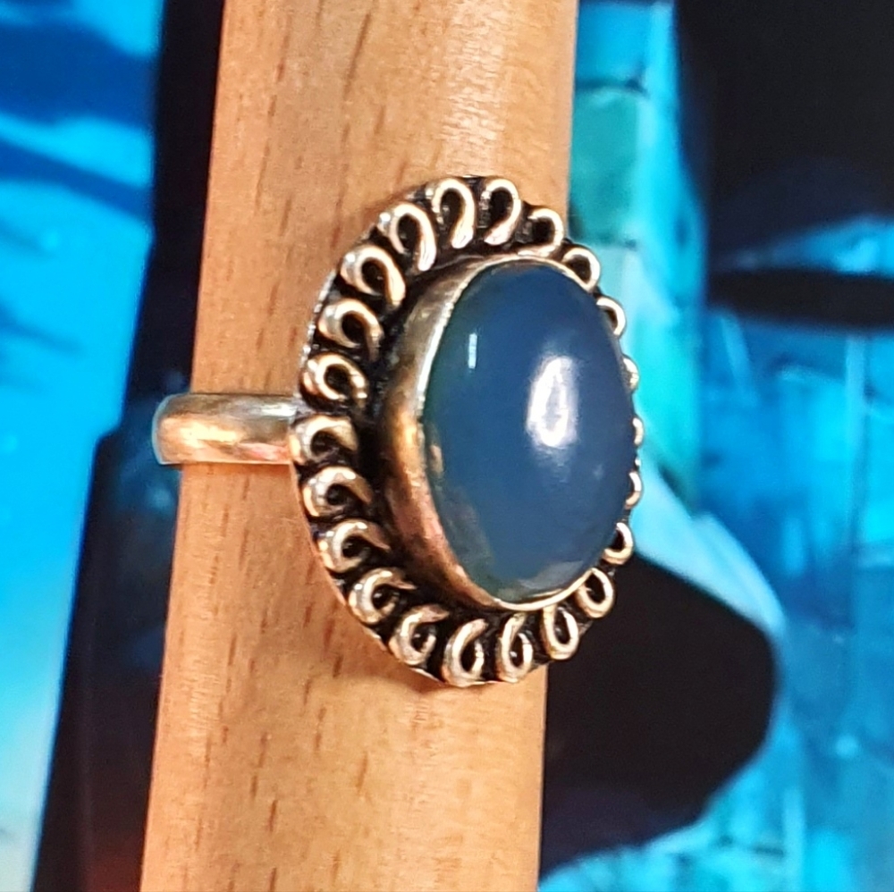 Blue Chalcedony Gemstone Sterling Silver Plated Ring Size 6